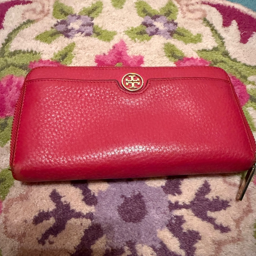 Tory Burch Red Pebbled Leather Zip-Around Wallet with Gold Logo